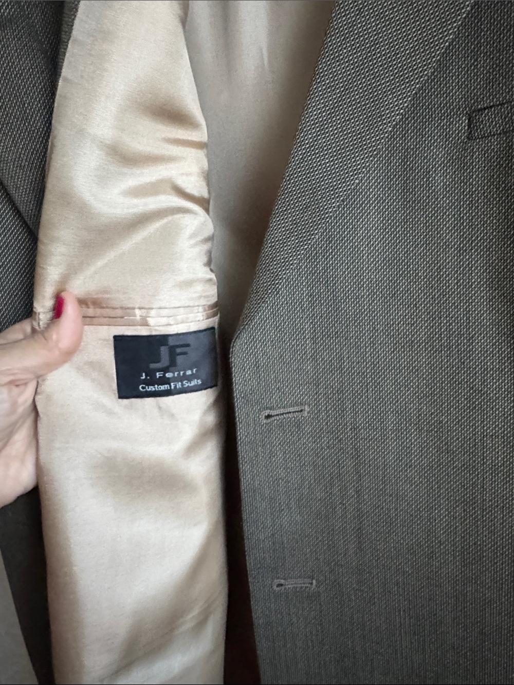 jf j.ferrar Tan Suit Jacket with Black Logo Patch
